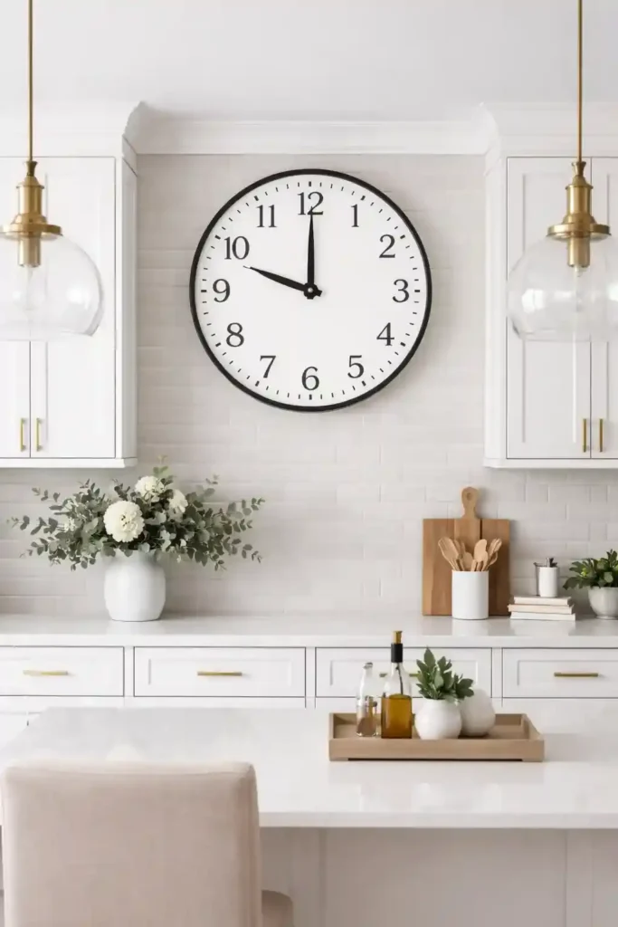 Large farmhouse wall clock above kitchen cabinets
