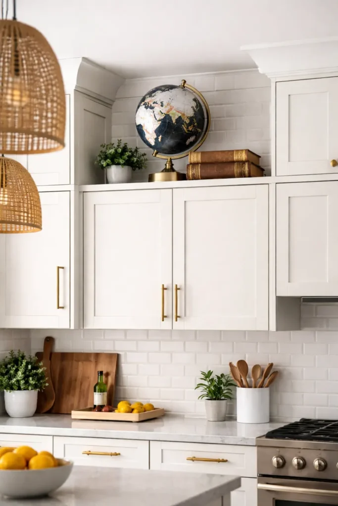 Decorative globe with books above kitchen cabinets
