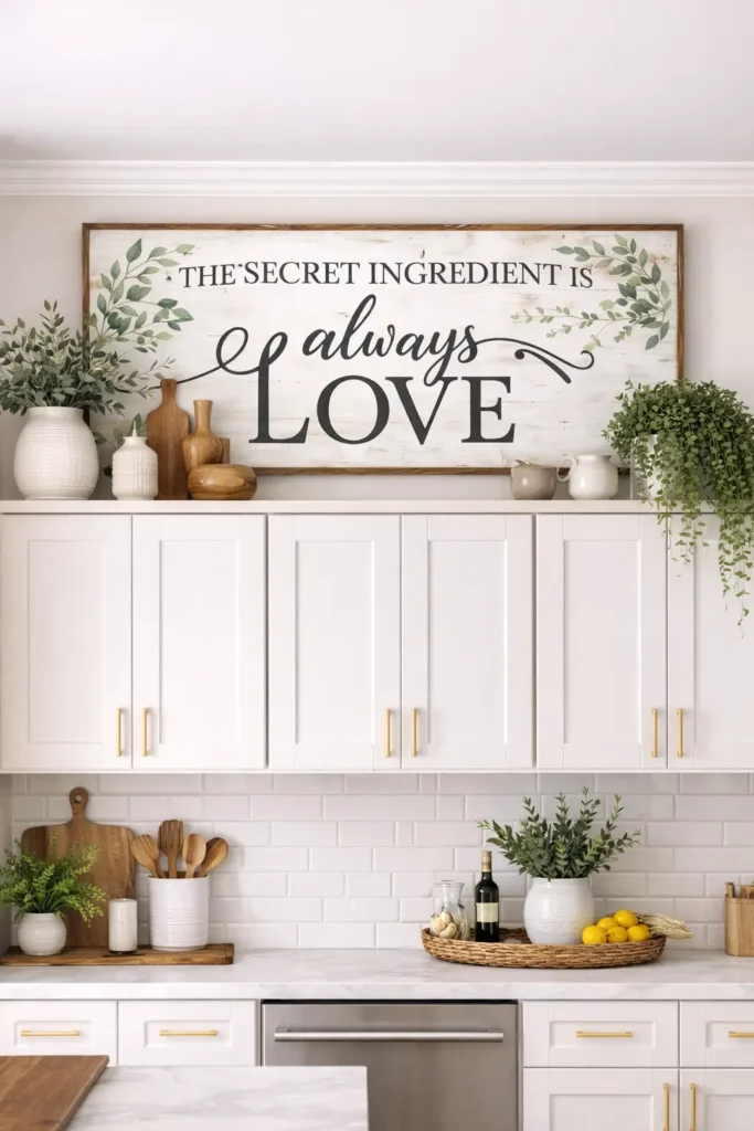 Handwritten wooden sign above kitchen cabinets
