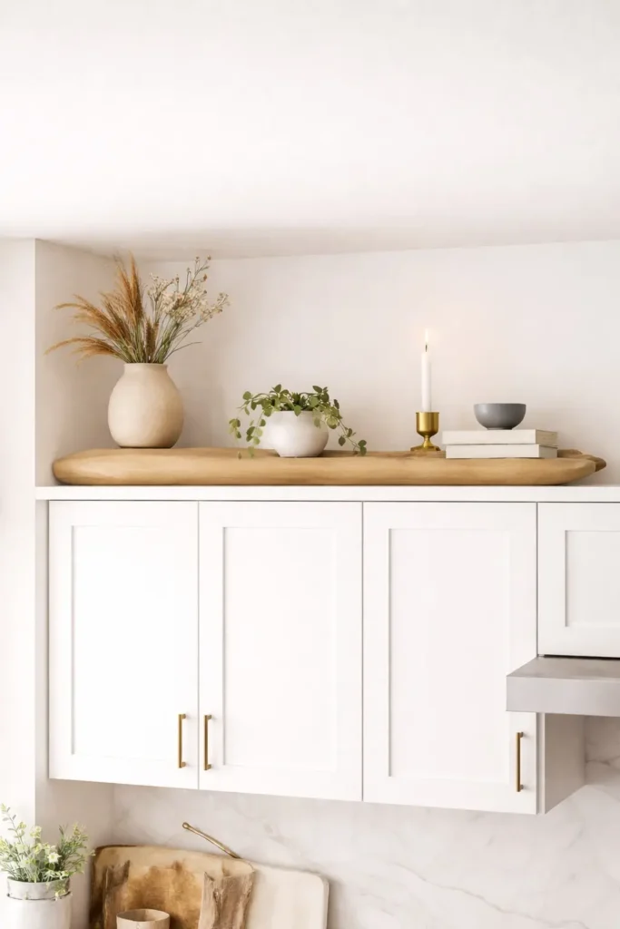 Driftwood laid across top of kitchen cabinets
