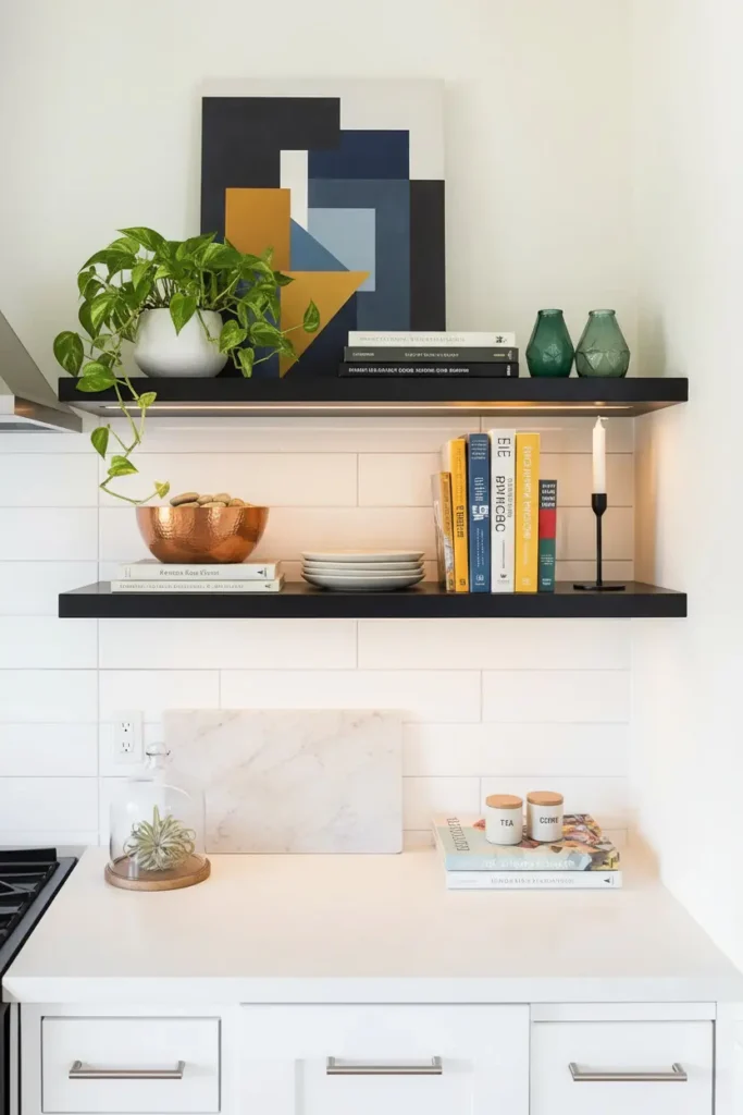 Mixed decor items grouped above kitchen cabinets

