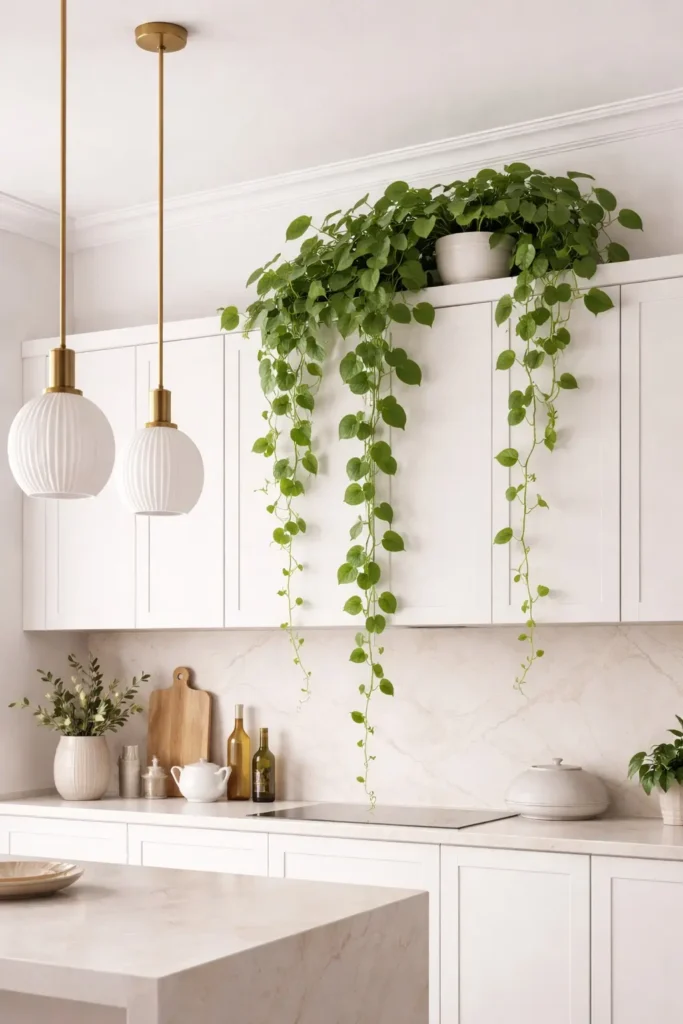 Trailing pothos plant above kitchen cabinet
