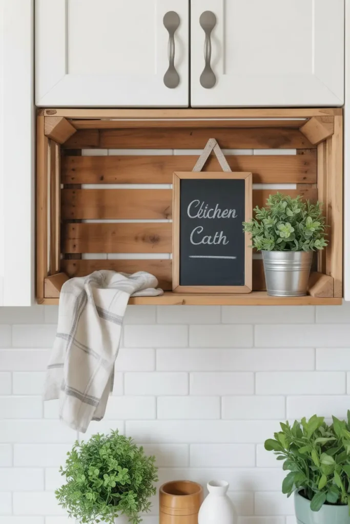 Wooden crate with chalkboard sign above cabinets
