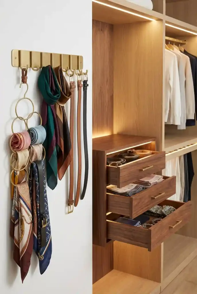 Cascading hook system organizing scarves, belts, and accessories in corner space