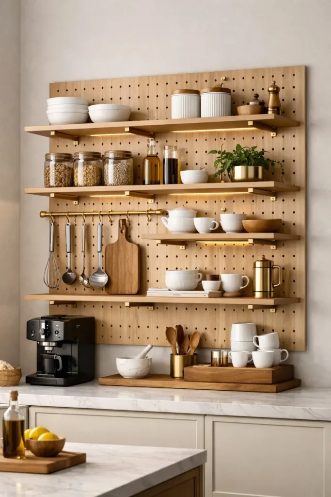 Adjustable pegboard kitchen shelving with movable hooks and shelves