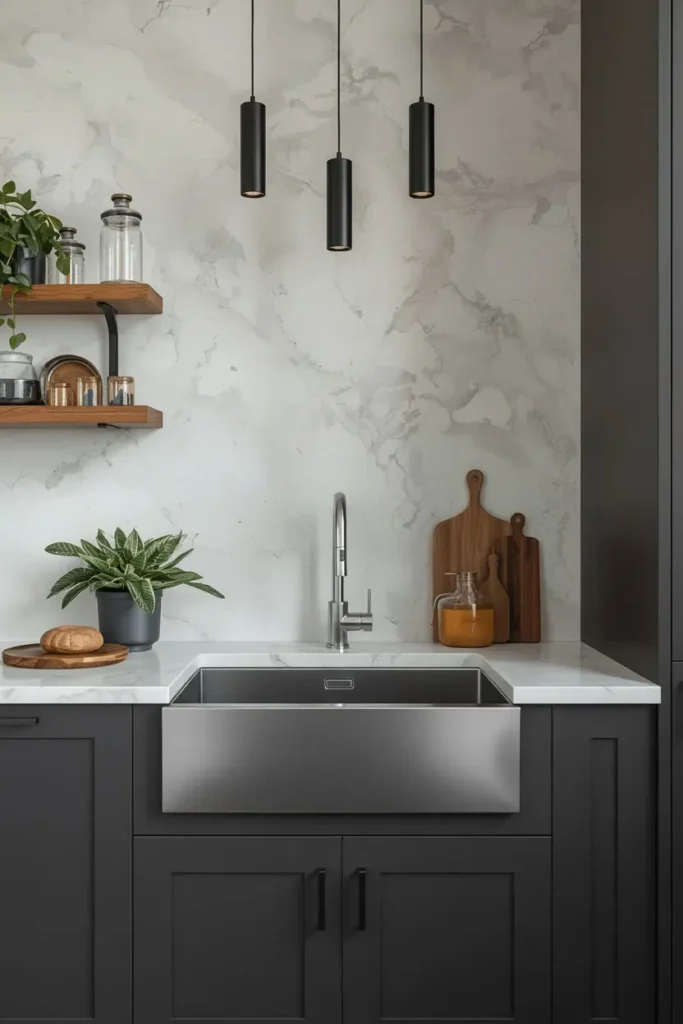 Antique brass vessel sink on dark stained wood
