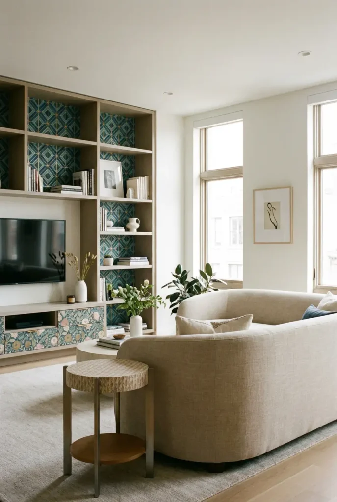 Floral wallpaper backing on white bookcase shelves