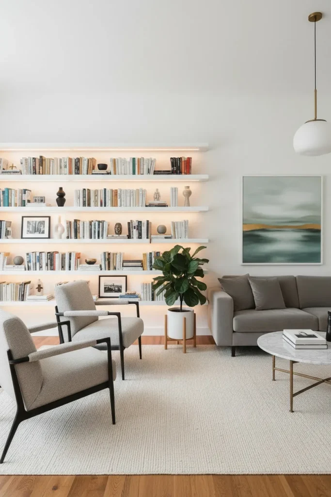 Color-sorted books on wall ledges
