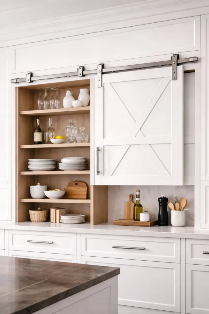 Rustic barn door kitchen shelving unit with sliding horizontal door