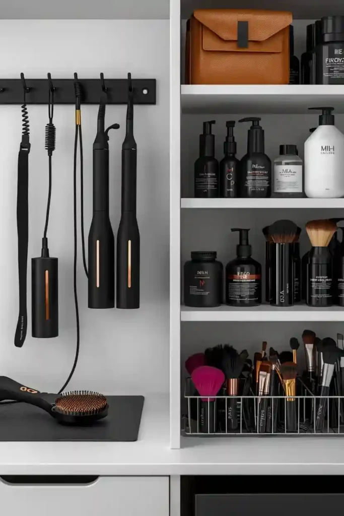 Organized corner storage with hooks, velcro cord management, and heat-resistant mats for styling tools