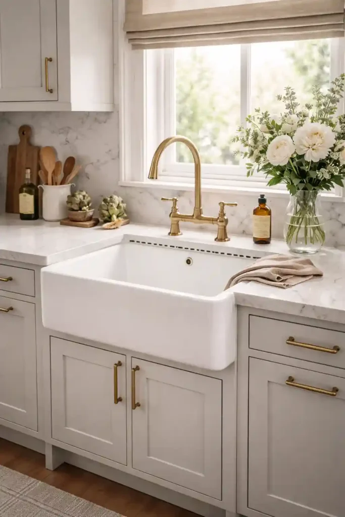 White fireclay Belfast sink with overflow channel

