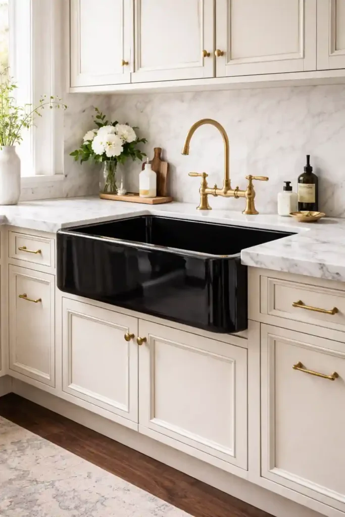 Black enamel farmhouse sink with gold taps
