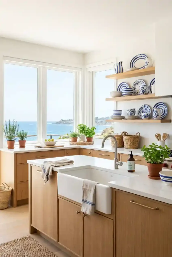 Blue and white ceramic dishware on shelf
