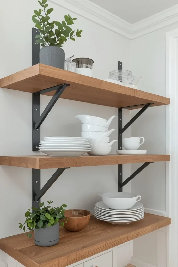 Wooden kitchen shelf mounted with decorative metal brackets
