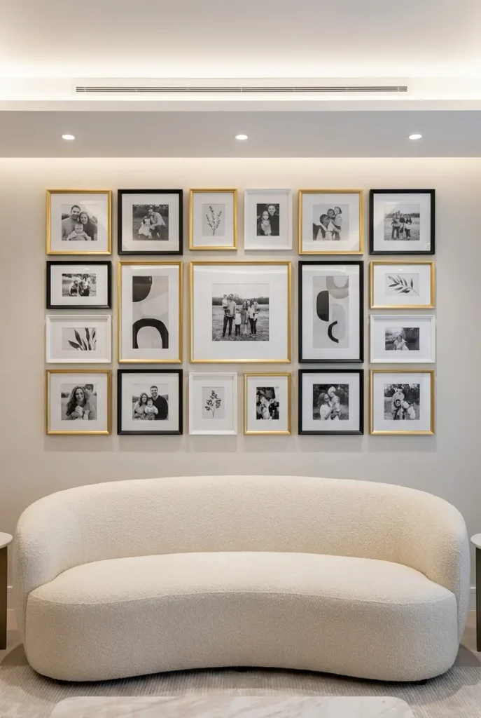 Eclectic gallery wall with different painted frames