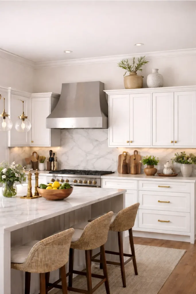 Dried herb bundles tied with twine above cabinets

