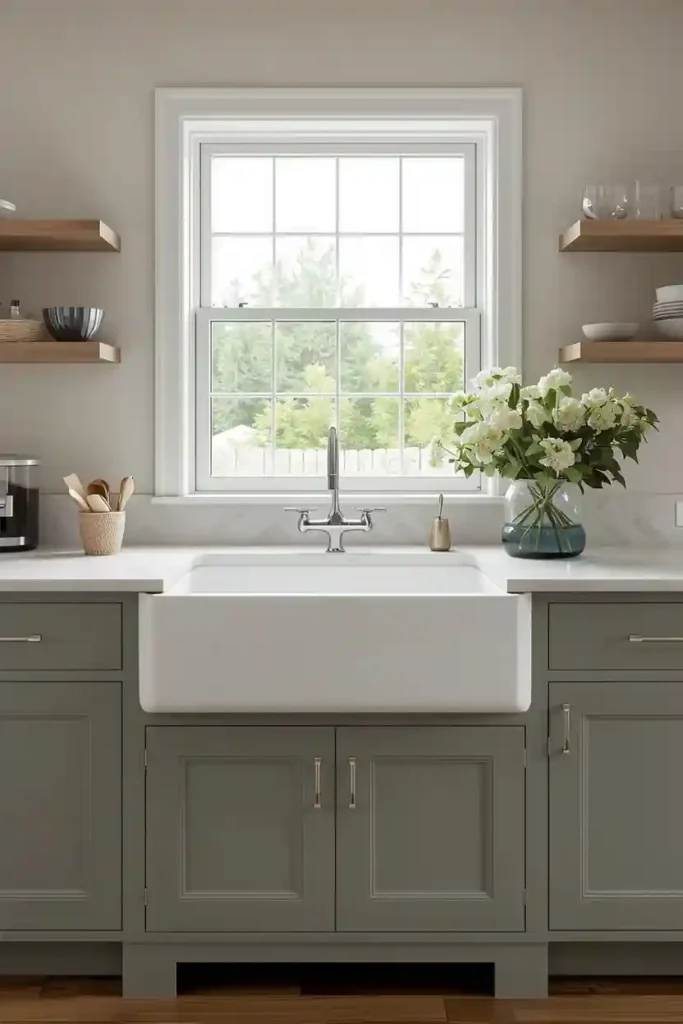 Cream butler sink with sage green cabinets
