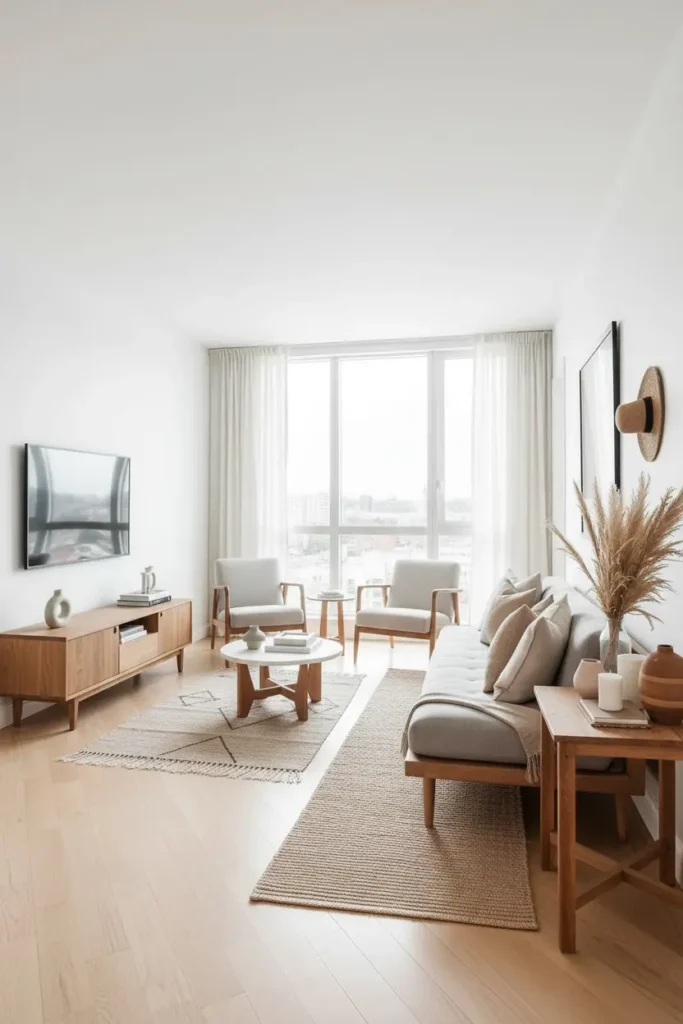 Boho room with wood table and woven rug