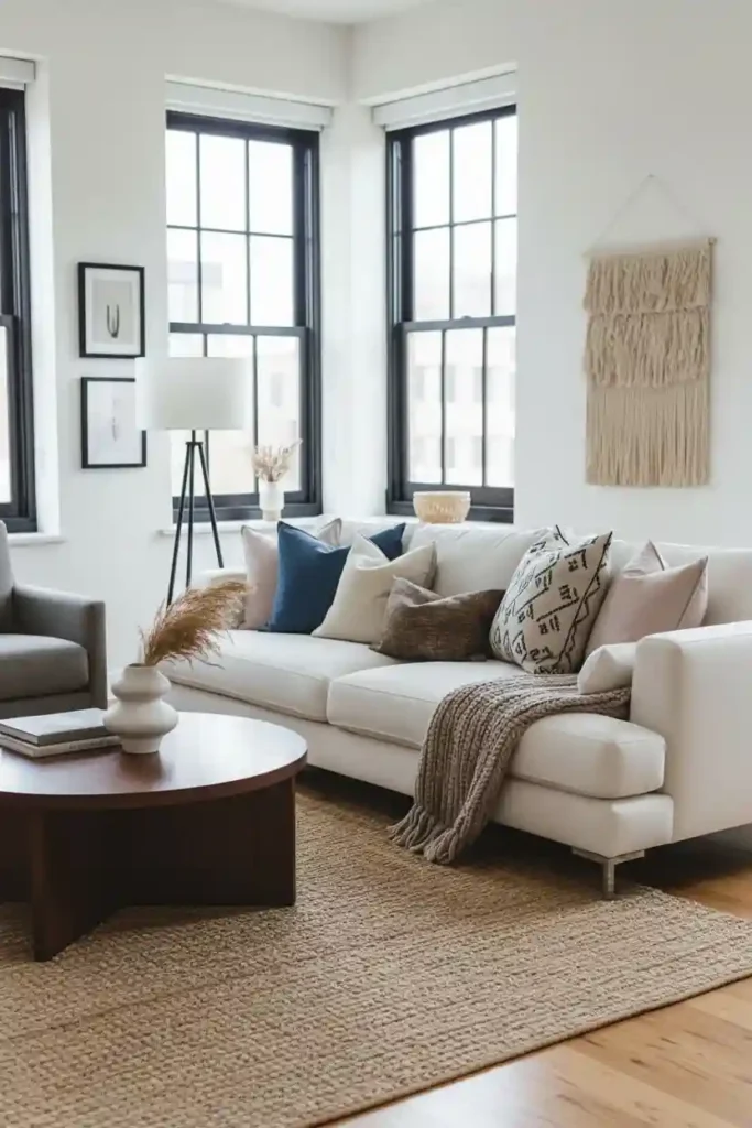 Beige sofa with patterned cushions