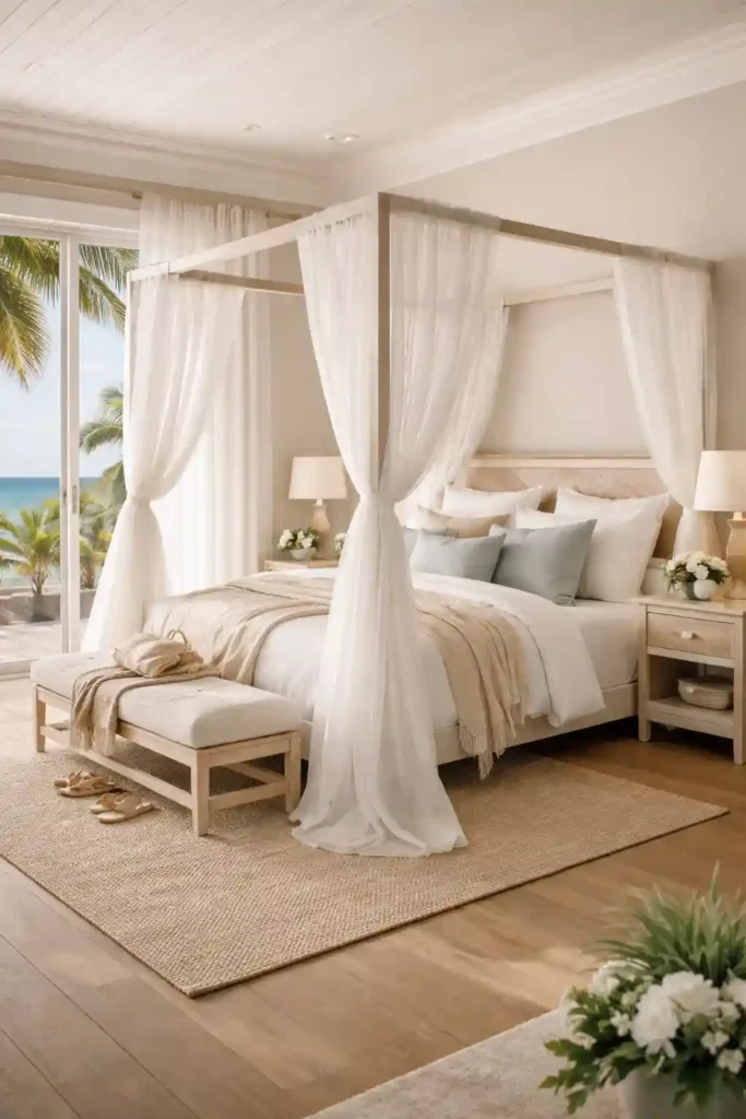 Canopy bed with sheer white curtains
