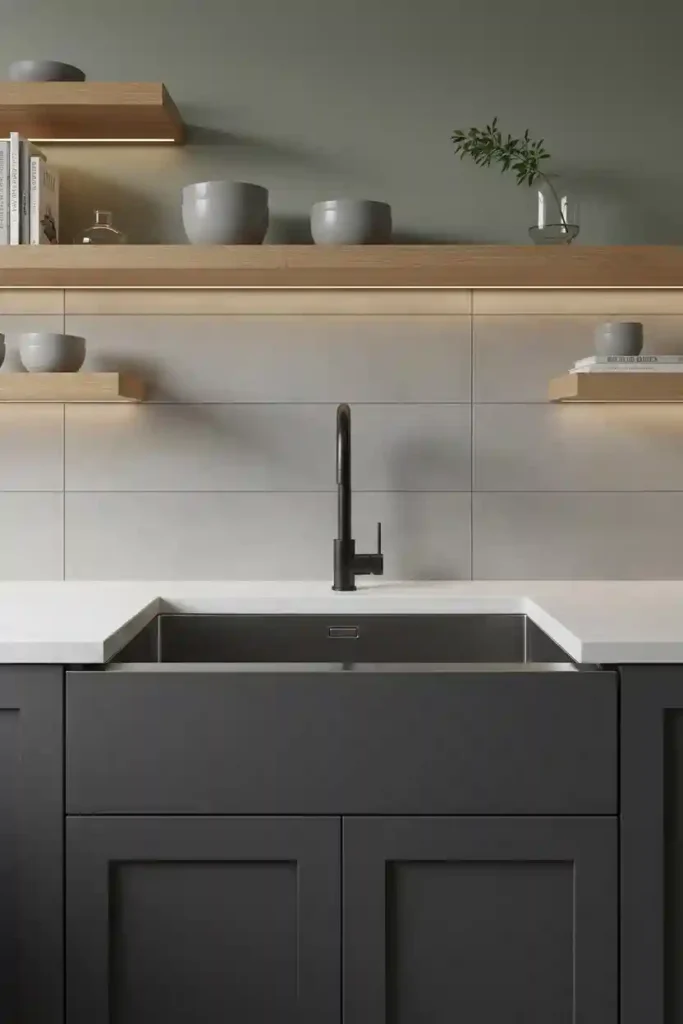 Cast iron porcelain sink with copper cookware
