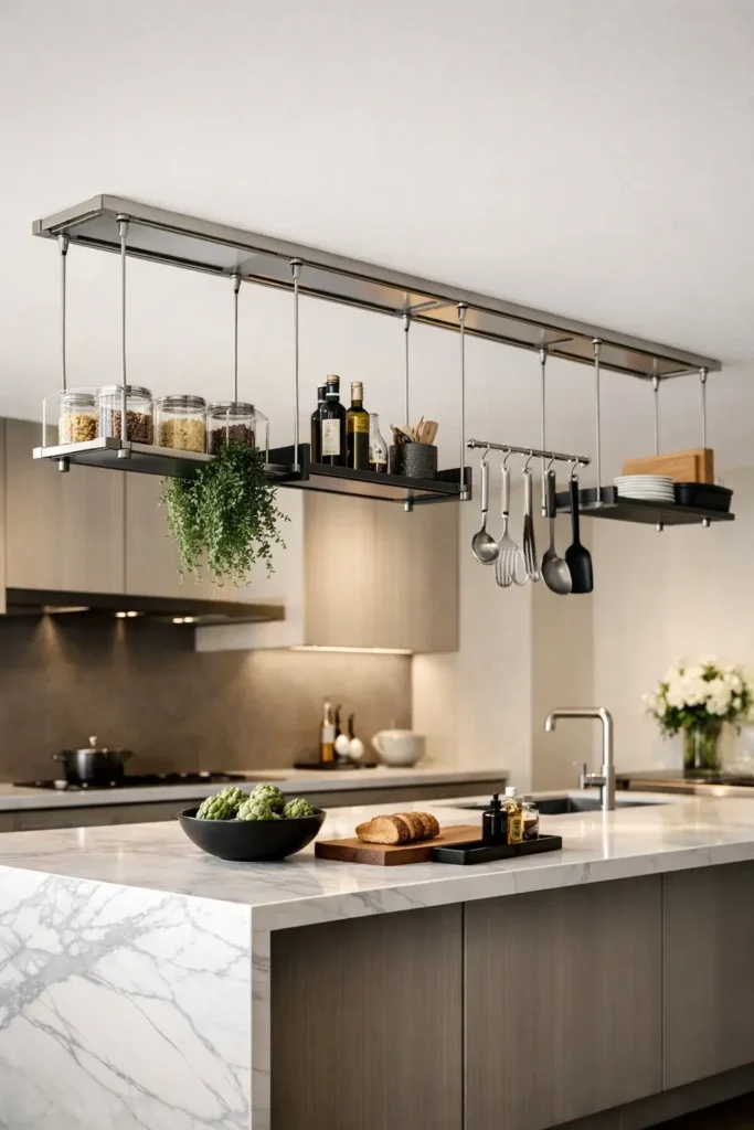 Ceiling-mounted kitchen track system with adjustable hanging shelves