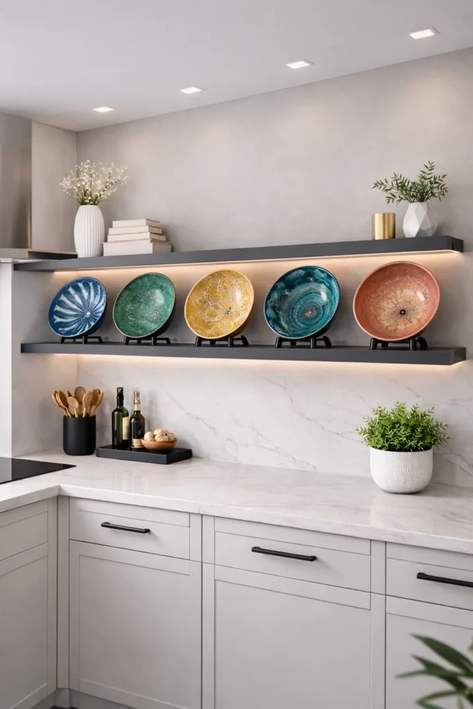 Ceramic bowls propped above kitchen cabinets
