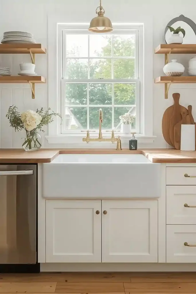 Classic white farmhouse apron sink with brass taps
