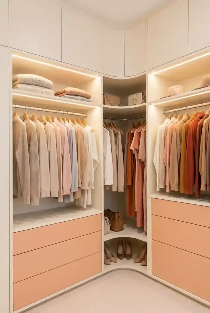 Organized corner closet with hanging rods, shelves, and drawer units for clothing storage