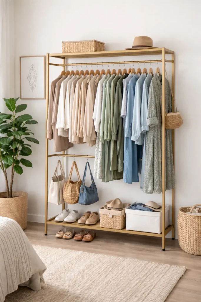 Freestanding clothing rack in corner displaying frequently worn items organized by color