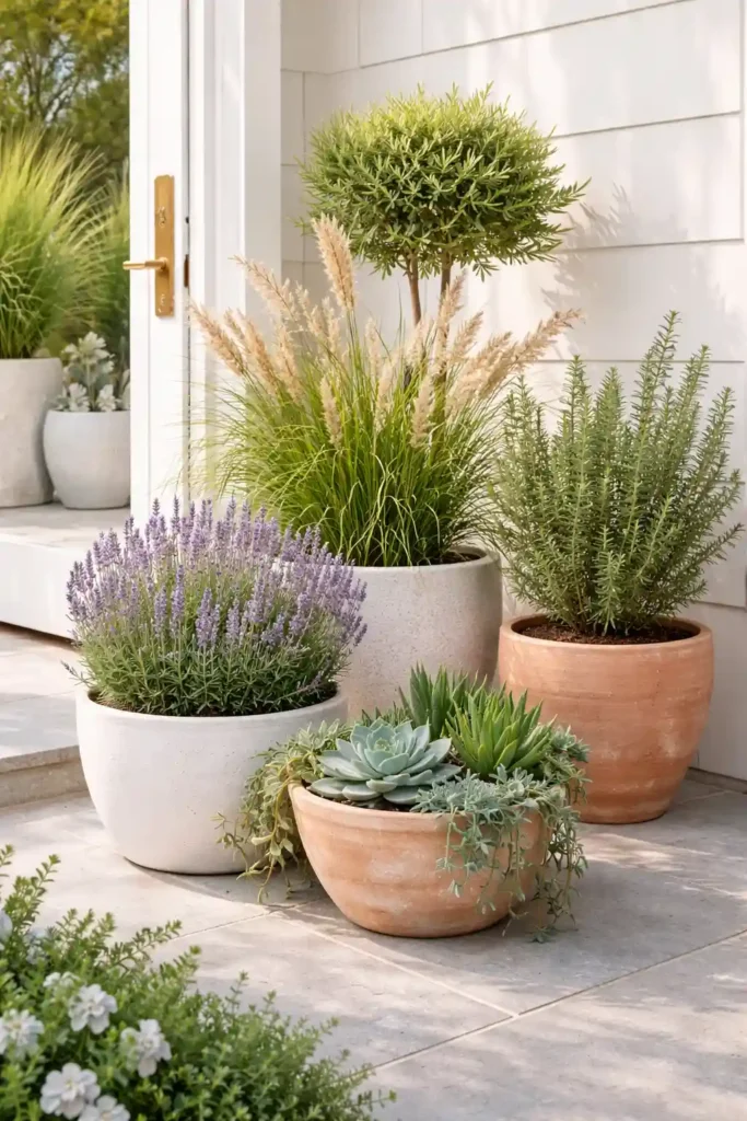 Coastal plants in terracotta pots on porch
