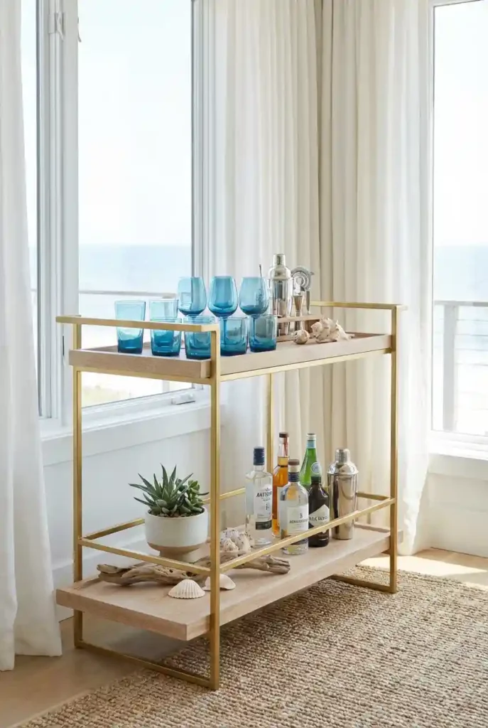 Coastal styled bar cart with blue glasses
