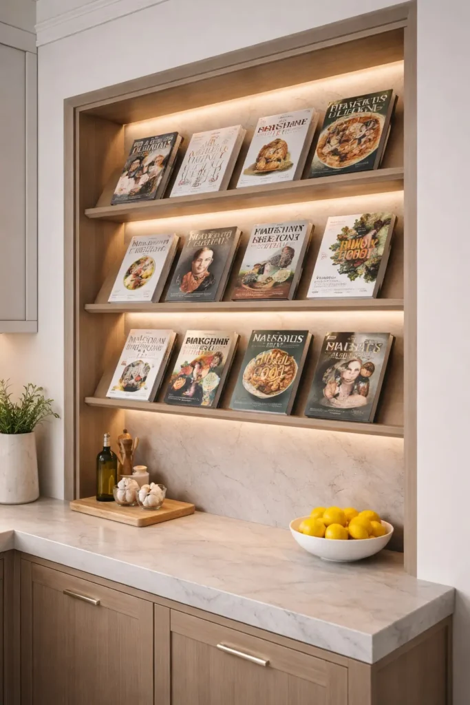 Angled kitchen shelf displaying cookbooks as decorative artwork
