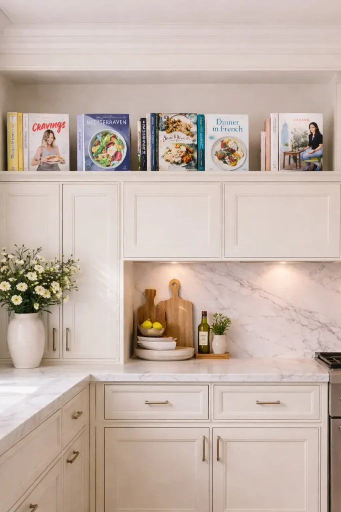 Colorful cookbooks displayed above cabinets
