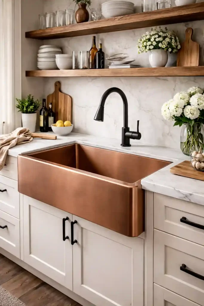 Copper farmhouse sink with natural patina
