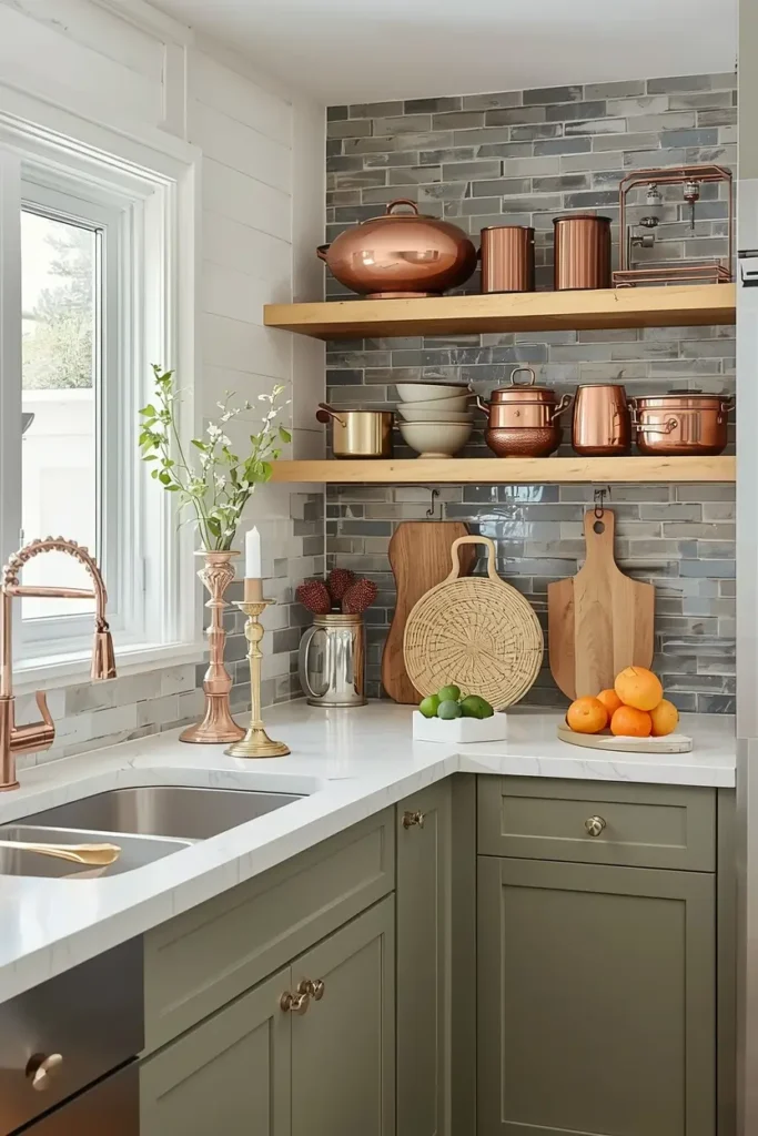 Copper pots and brass candlesticks above cabinets
