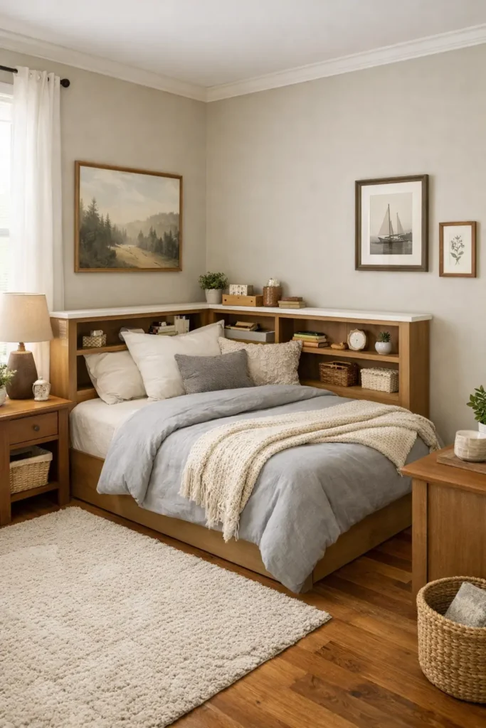Bed positioned in corner with headboard shelving and artwork on remaining walls