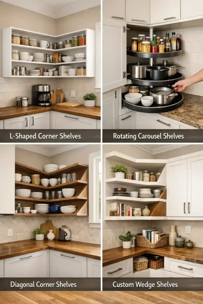 shaped corner kitchen shelving unit maximizing wall space
