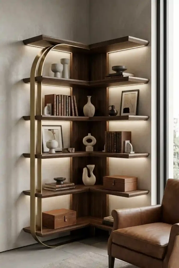 Floating shelves at varying heights displaying books and personal items in corner space