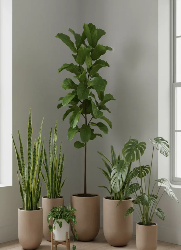Tall green plants of varying heights arranged in bedroom corner for decoration and air purification