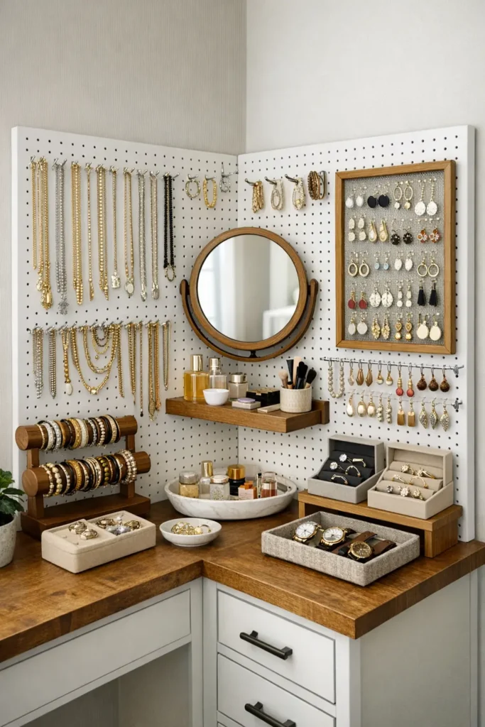 Corner pegboard display with hooks for necklaces, earring holders, and ring storage boxes