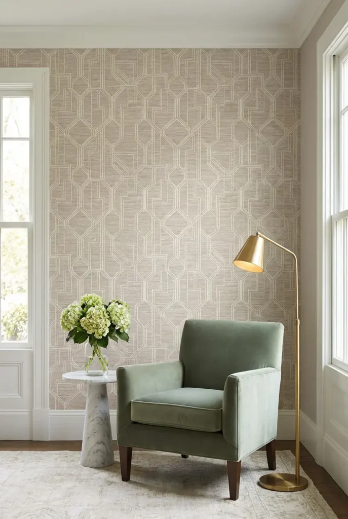 Peel and stick geometric wallpaper on accent wall
