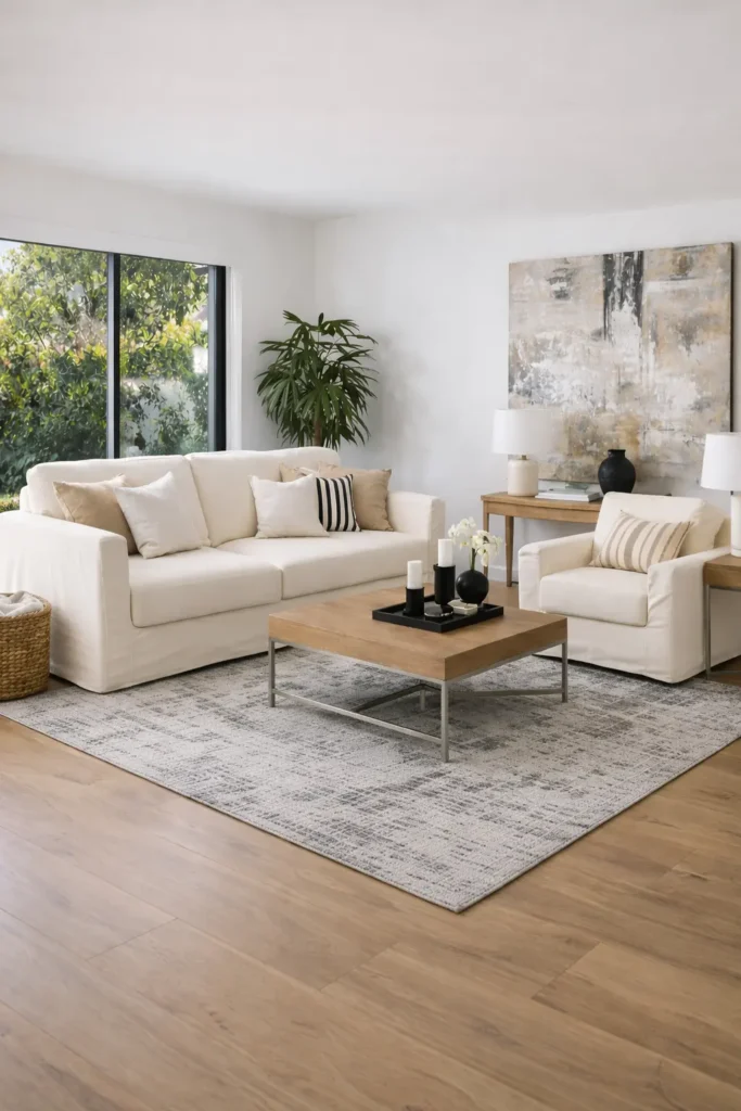 Canvas drop cloth slipcover on worn armchair