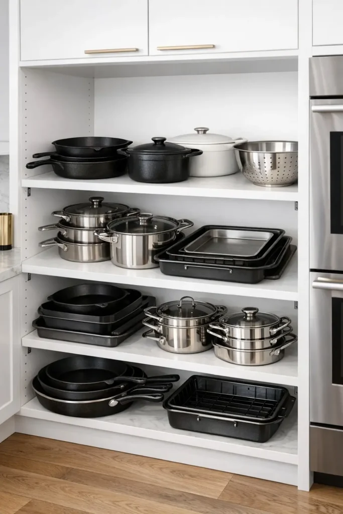 Deep kitchen shelf storing large pots pans and Dutch ovens