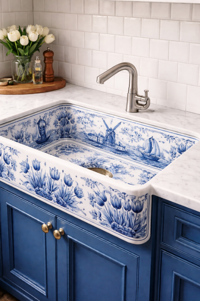 Delft ceramic sink with blue hand-painted design
