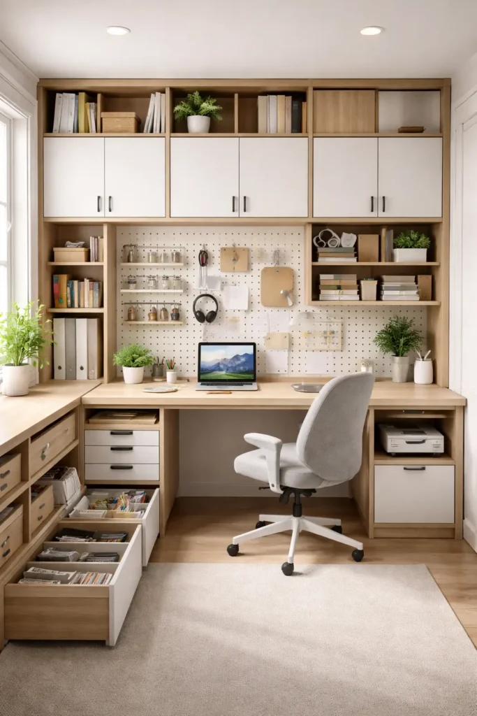 Corner work desk surrounded by built-in shelving, cabinets, and pegboard organization