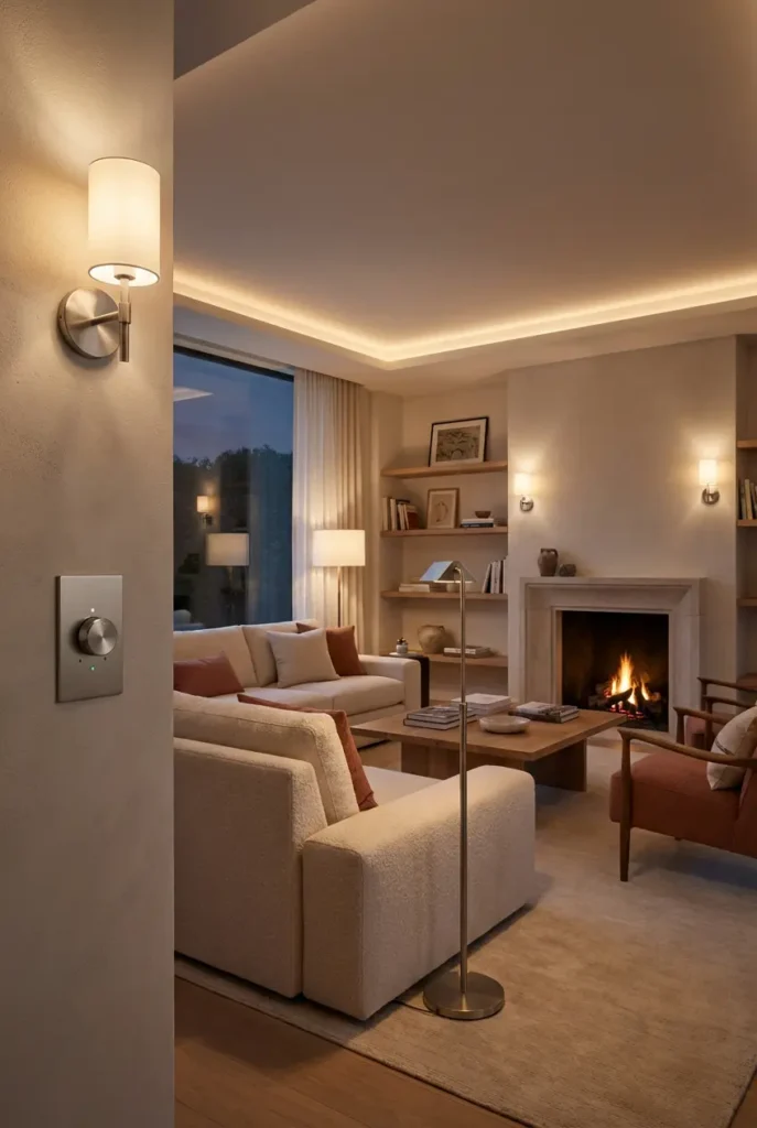 Modern dimmer light switch on white wall