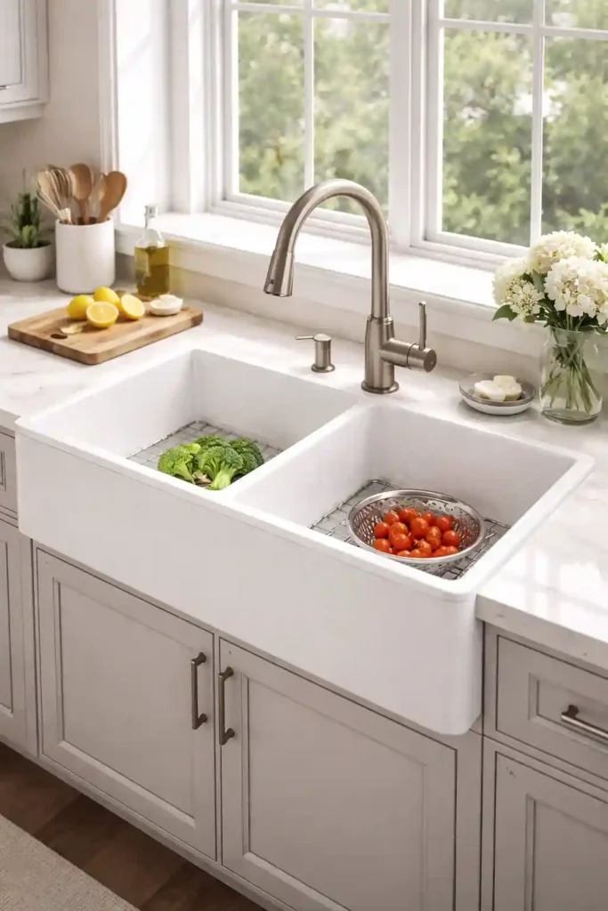 Double basin porcelain sink in vintage kitchen
