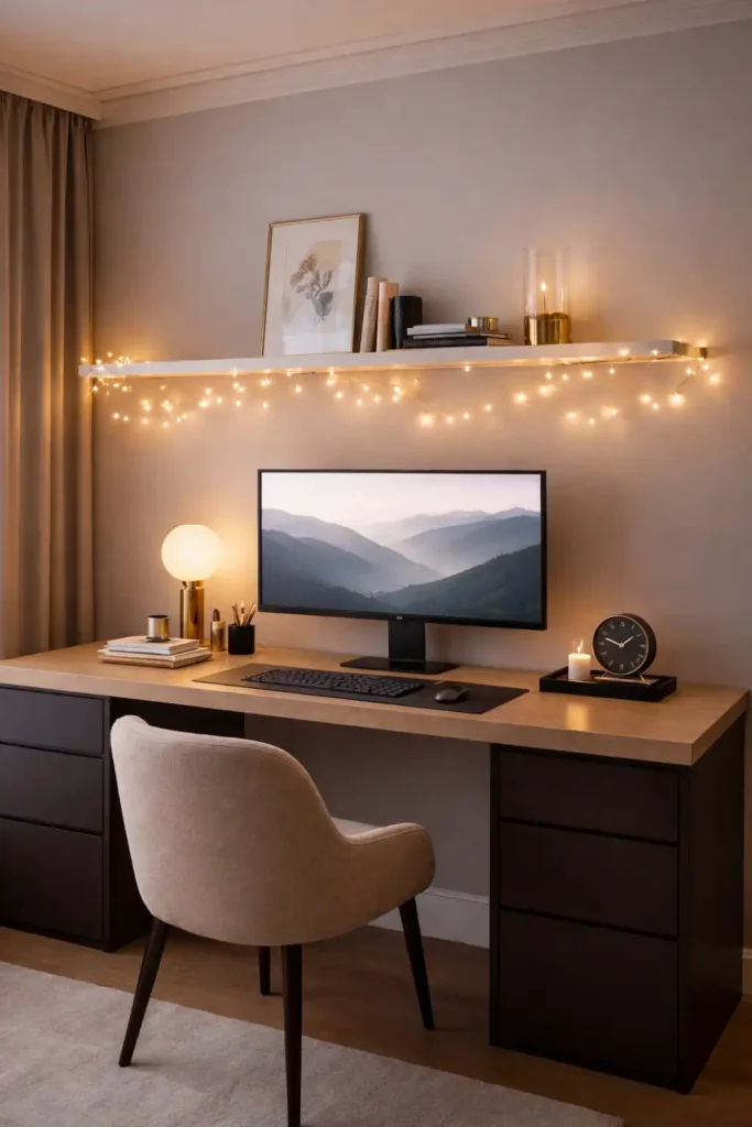String lights on desk shelf