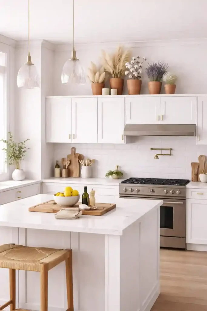 Terracotta pots with dried flowers above cabinets
